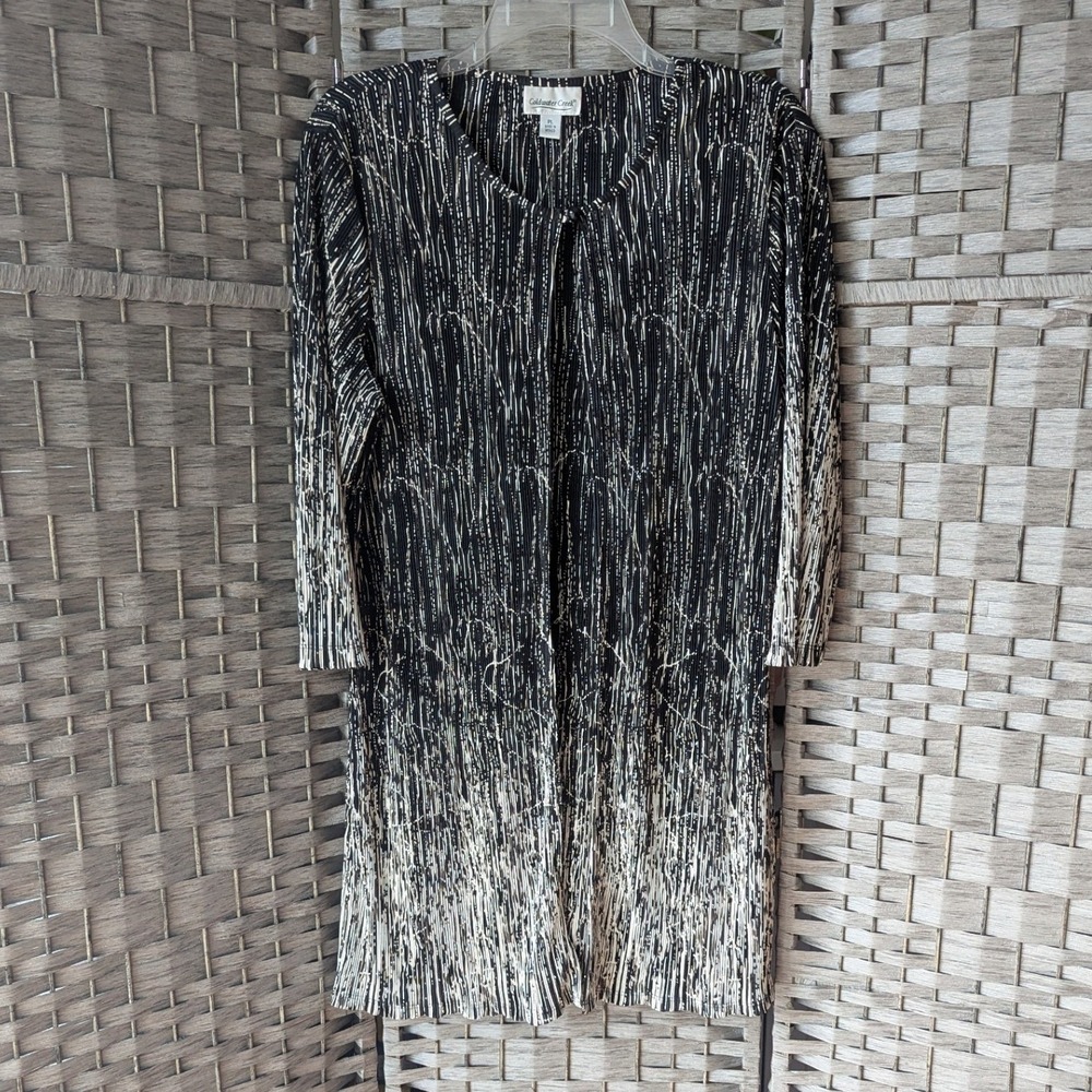 Vtg Long Line Cardigan Black White Abstract Pleated Sz PL Art to Wear Textured